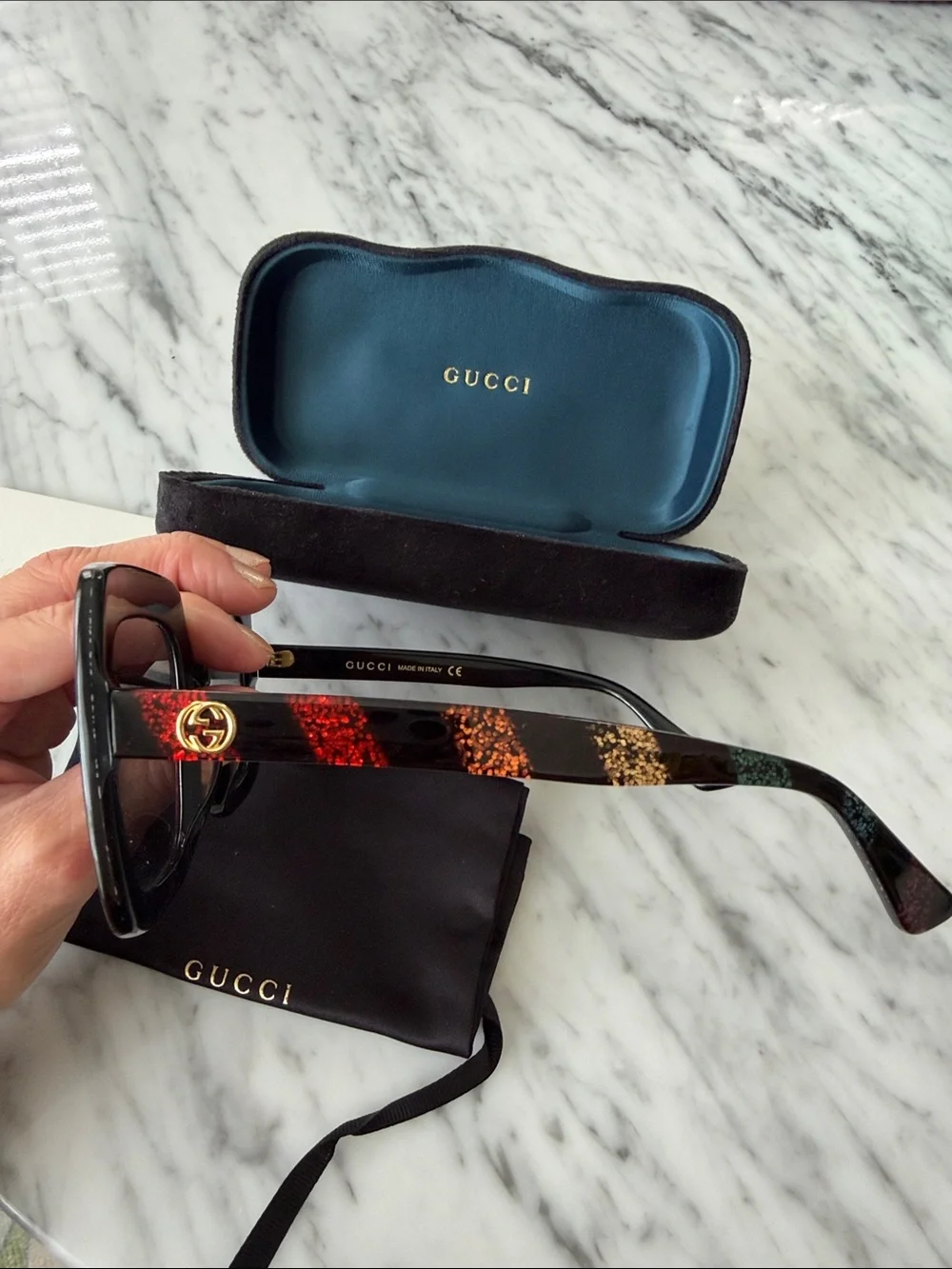 Gucci Black Square Sunglasses with Red & Green Glitter Accents